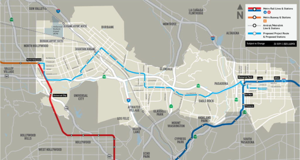 Map showing route of bus from North Hollywood to Pasadena