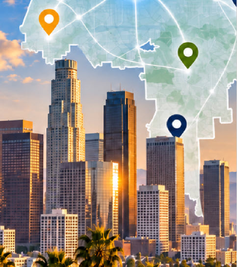 downtown los angeles with a map of the city shown in the sky